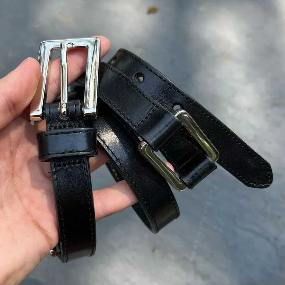 Vintage Eddie Bauer Black Leather Belt L Silver Buckle Link Detail 29–33